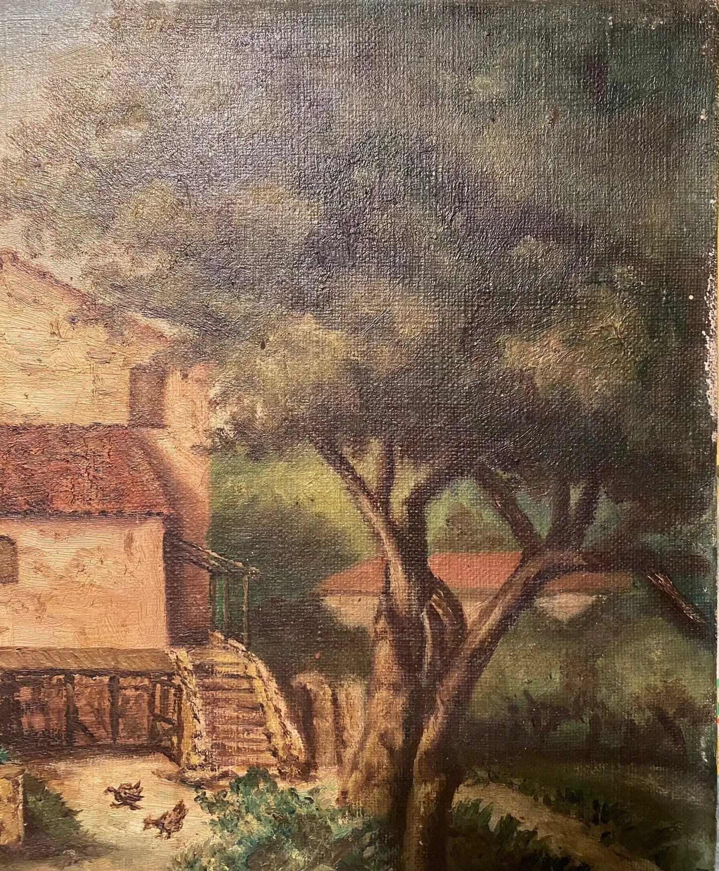 Tableau ancien signé, milieu XXème, huile sur toile, paysage d'une ferme. Antiquités de France