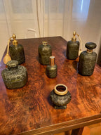 Flacon ancien signé, Ensemble salle de bain, Marcel Franck, verre craquelé. 7 pièces. Antiquités de France