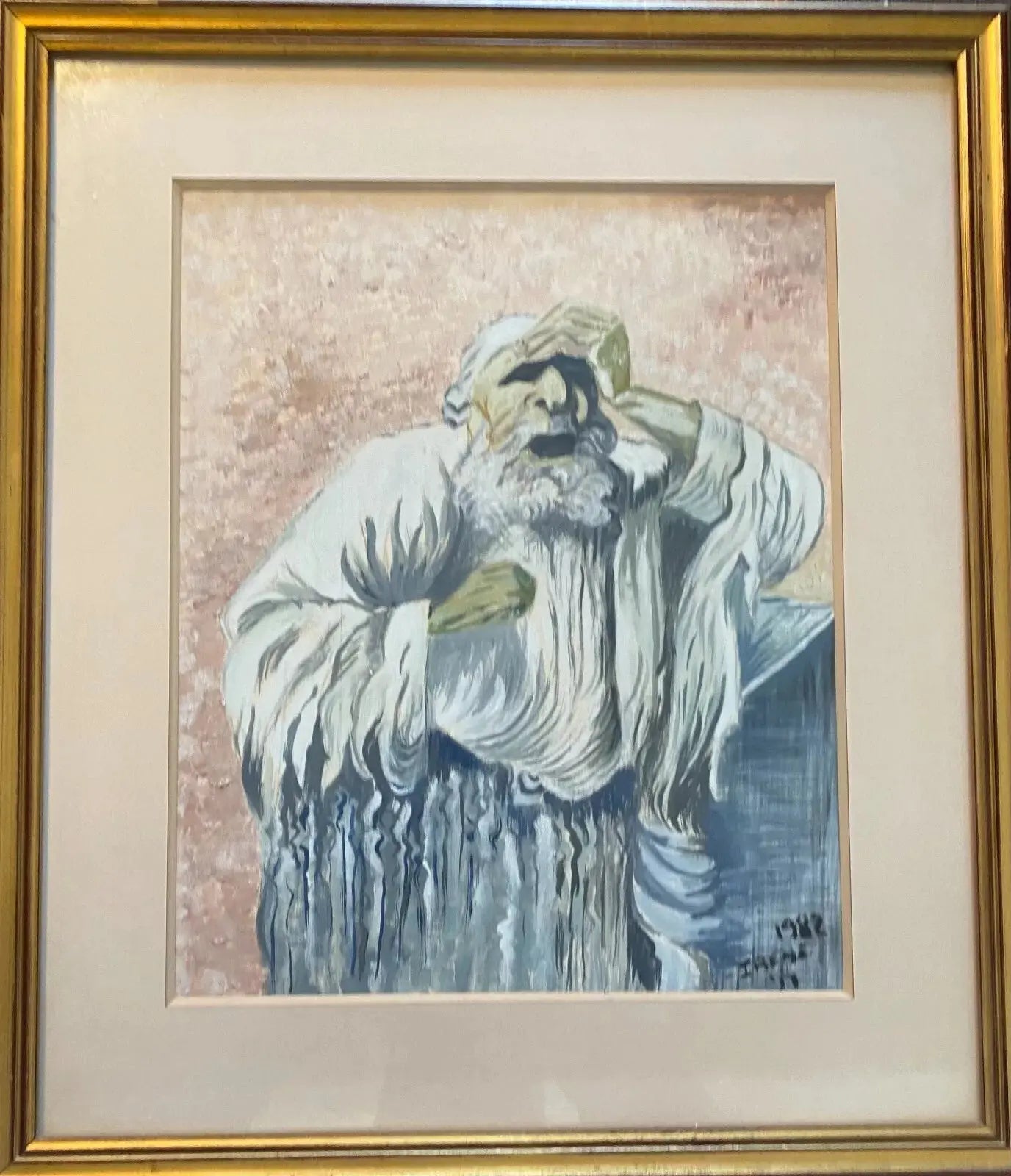 Aquarelle ancienne signée, pièce unique, datée de 1982. Thème religieux. Rabbin implorant le ciel. Antiquités de France