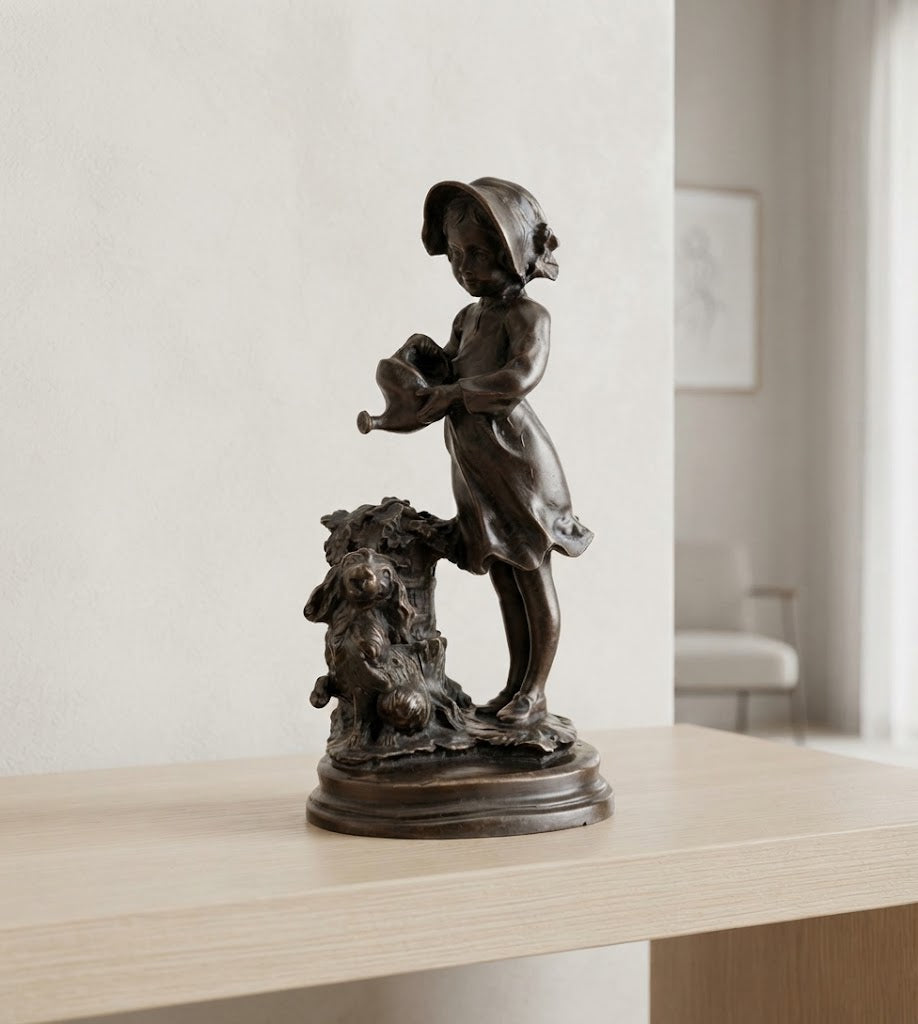 Statue Bronze Ancien Enfant Chien Art Deco Style Signe Attribue Landuc 23cm