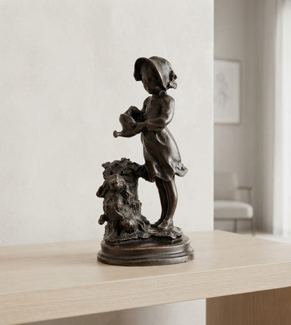 Statue Bronze Ancien Enfant Chien Art Deco Style Signe Attribue Landuc 23cm