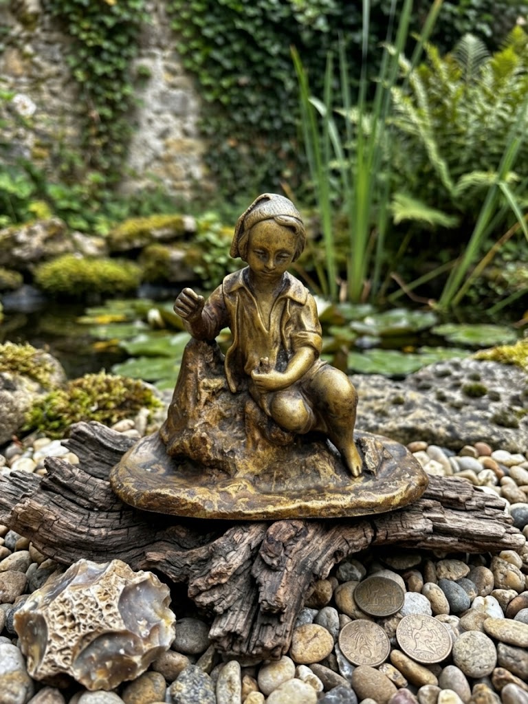 Statuette en Bronze. Jeune garçon Sur Un Rocher - Sculpture Art du XIXe Siècle Antique 12cm
