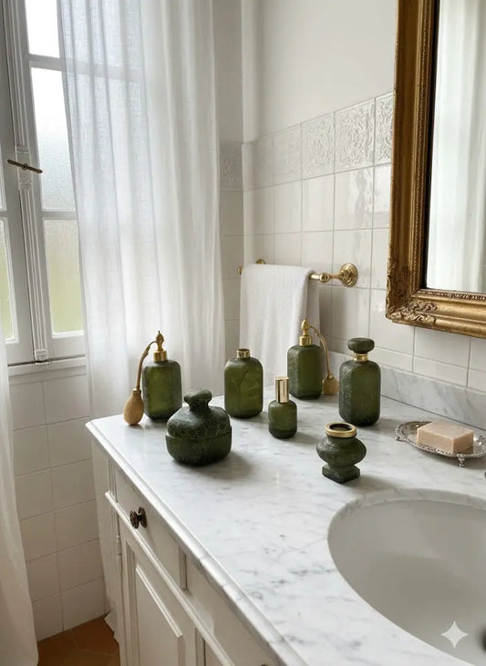 Flacon ancien signé, Ensemble salle de bain, Marcel Franck, verre craquelé. 7 pièces.-{{shop name}}