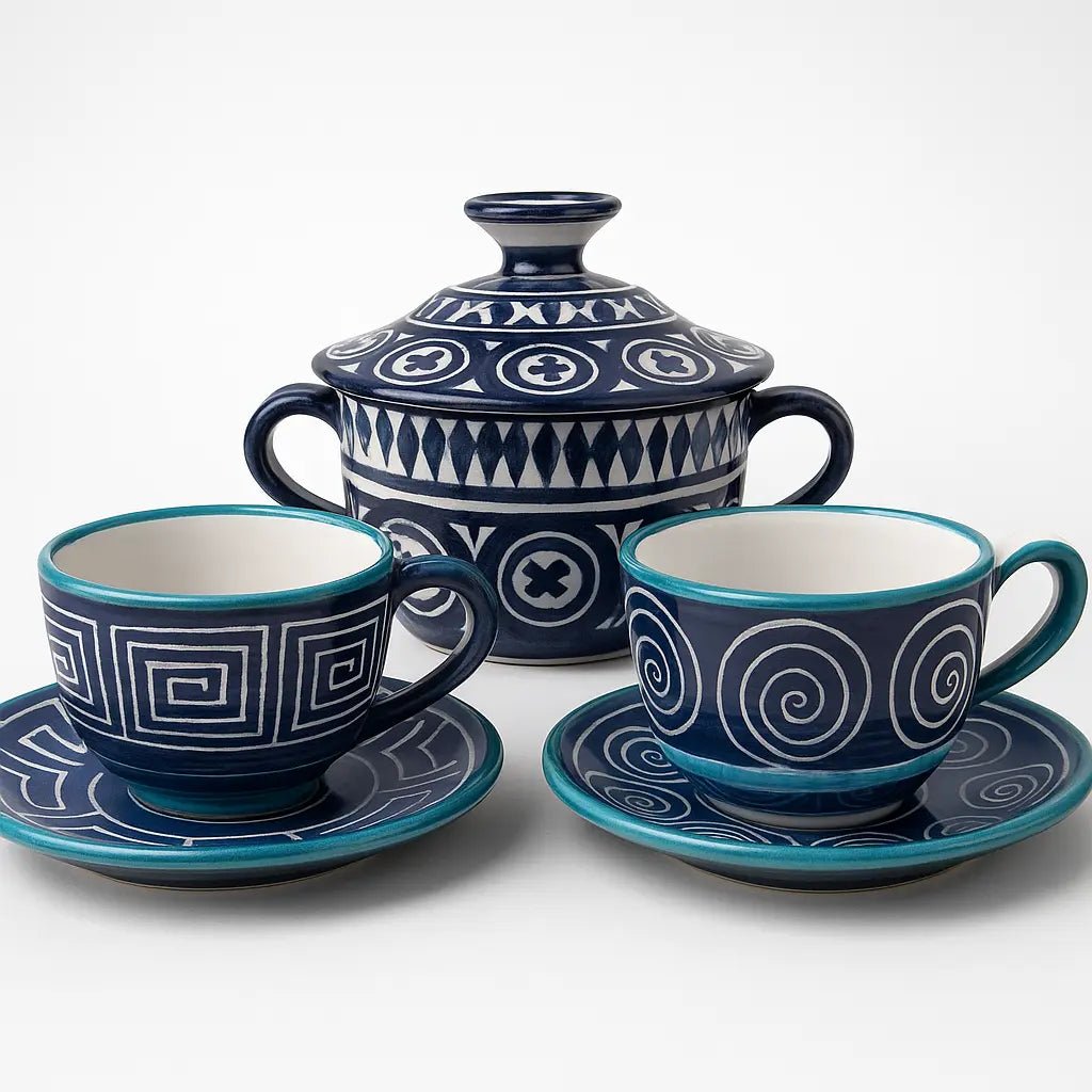 Robert Picault céramique, ensemble tasses , sous tasses et sucrier.-{{shop name}}