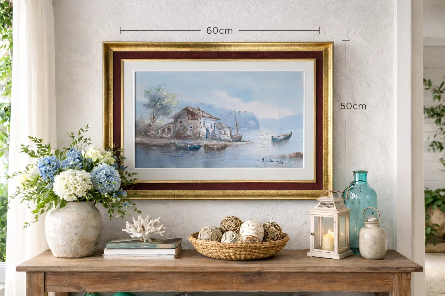 Huile sur toile marine, au décors d'un lac, tableau signé, thème de bateaux et d'une cabane-{{shop name}}
