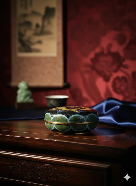 Boîte cloisonnée Chine ancienne Qing XIXe sur socle bois, décor raffiné et fin-{{shop name}}