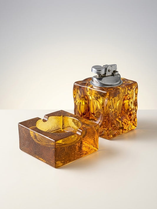 Murano Amber Briquet de Table et Cendrier Vintage – Antonio Imperatore (Années 70)