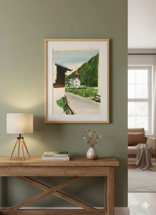 Ancienne aquarelle signée, XXème siècle, sur papier, paysage d'Autriche, 1981-{{shop name}}