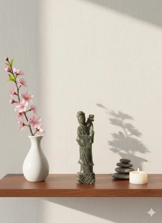 Statuette Chinoise ancienne, sujet en pierre dure verte. Japon, Chine, Asie.-{{shop name}}