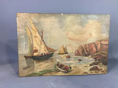 Huile sur toile, Bretagne, tableau signé, plage, mer. Datée de 1947. Prévoir quelques petites restaurations. Antiquités de France