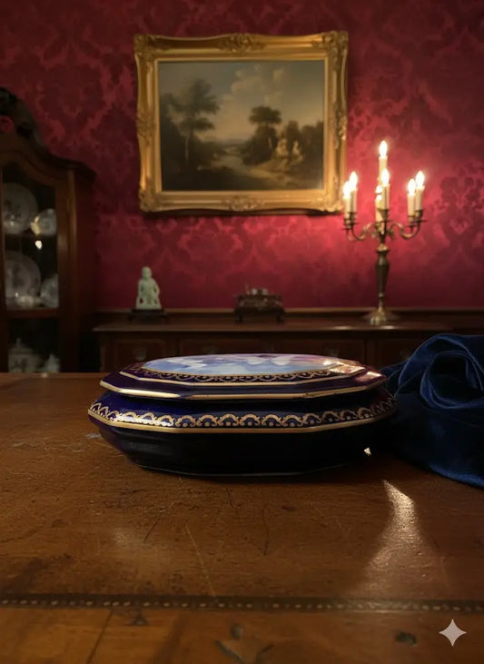 Bonbonnière Camille Tharaud Limoges – porcelaine bleue, camée chérubins, rare 17-{{shop name}}