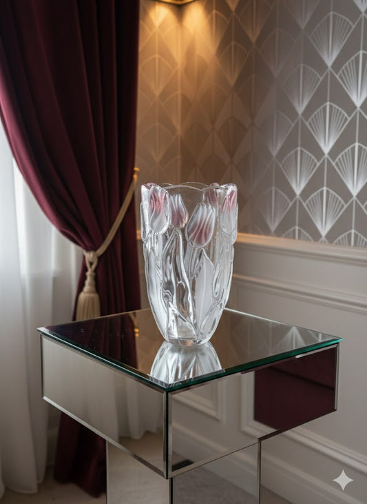 Vase Art Déco – décor tulipes parmes opalescentes, splendide, 25 cm H, excellent-{{shop name}}