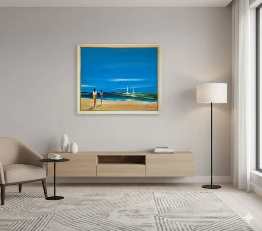 Huile sur toile signé marine, vue d'une plage, très lumineux. Années 80, encadré.-{{shop name}}