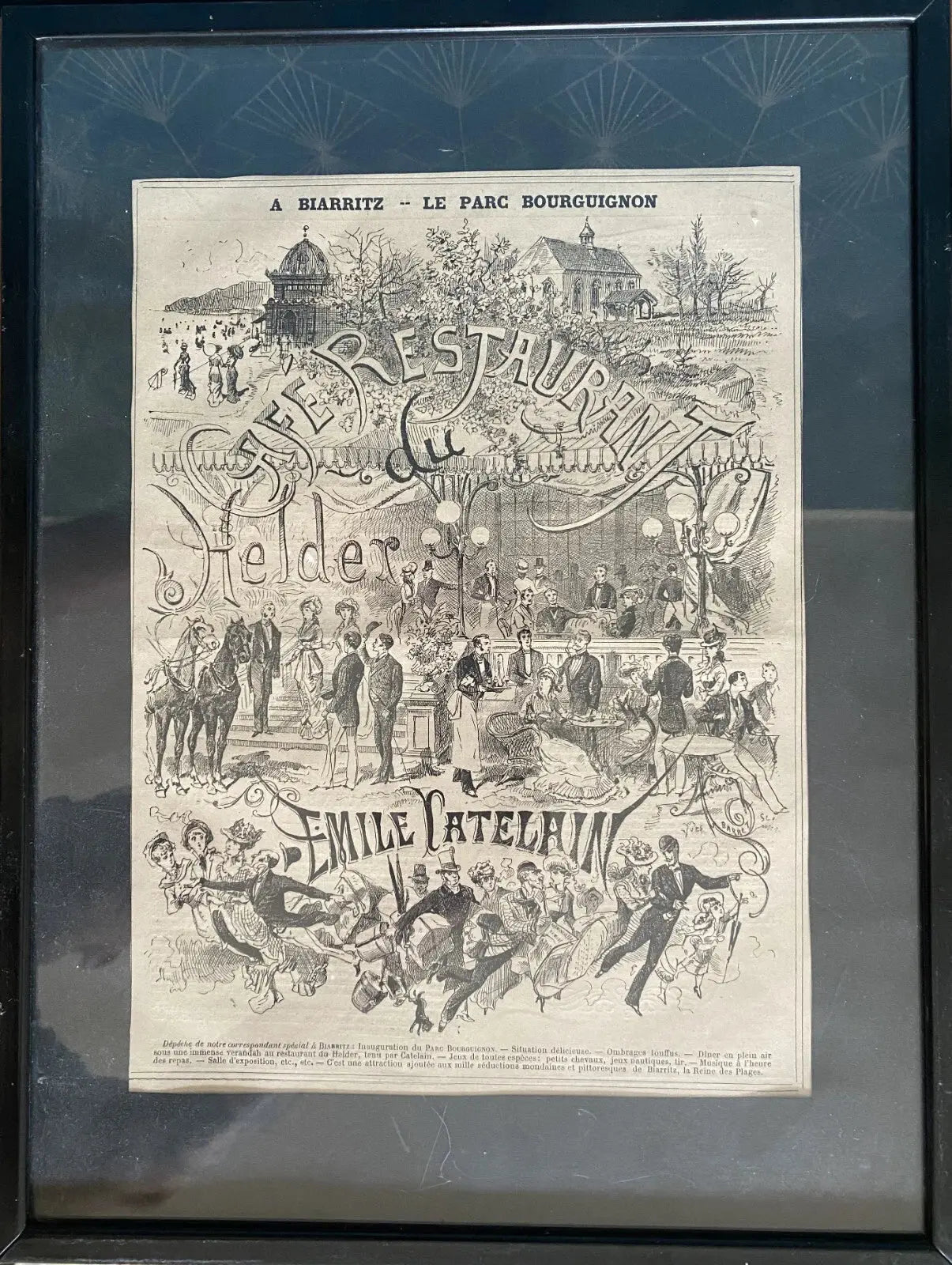 Vieux journaux, parution ancienne, encadrée , sous verre, Biarritz, par Catelain. Antiquités de France