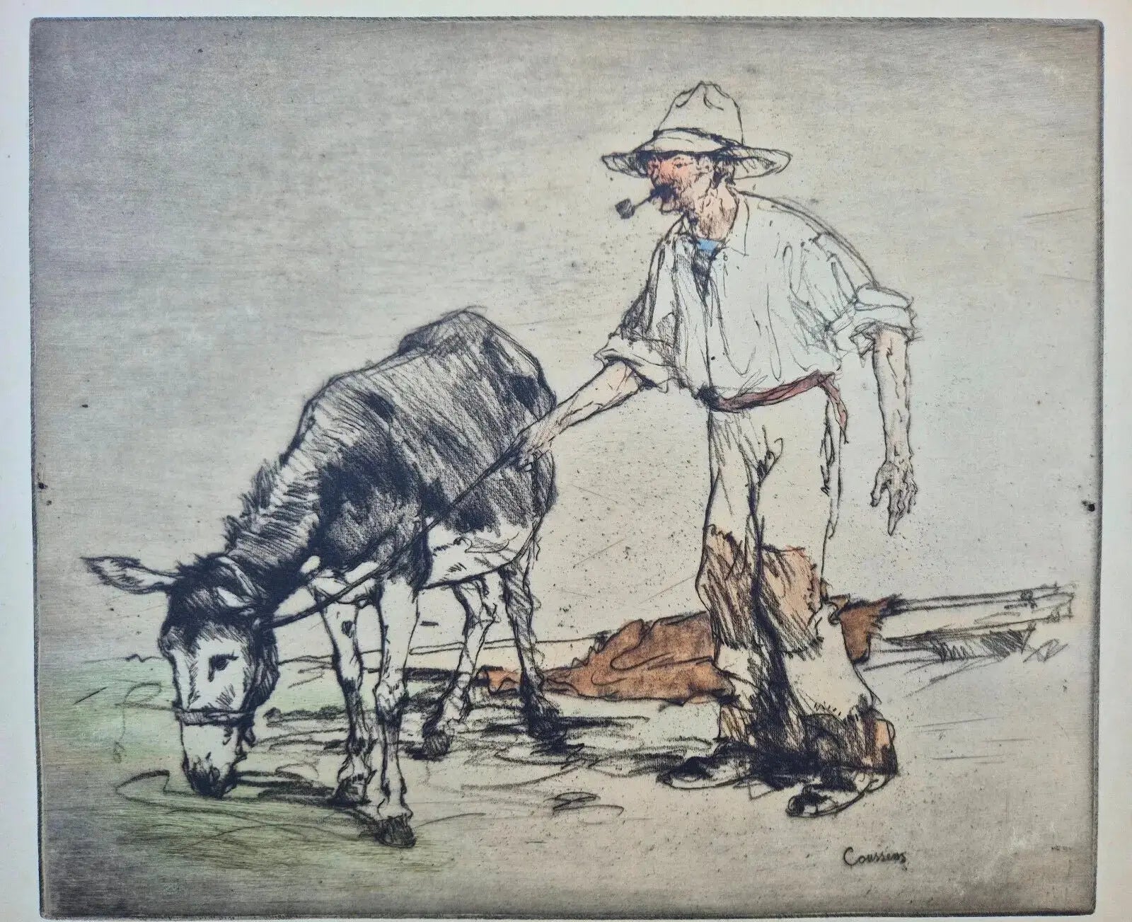 Lithographie Armand Coussens L’Âne et Son Meneur 4/100 24x28 cm Encadrée-{{shop name}}