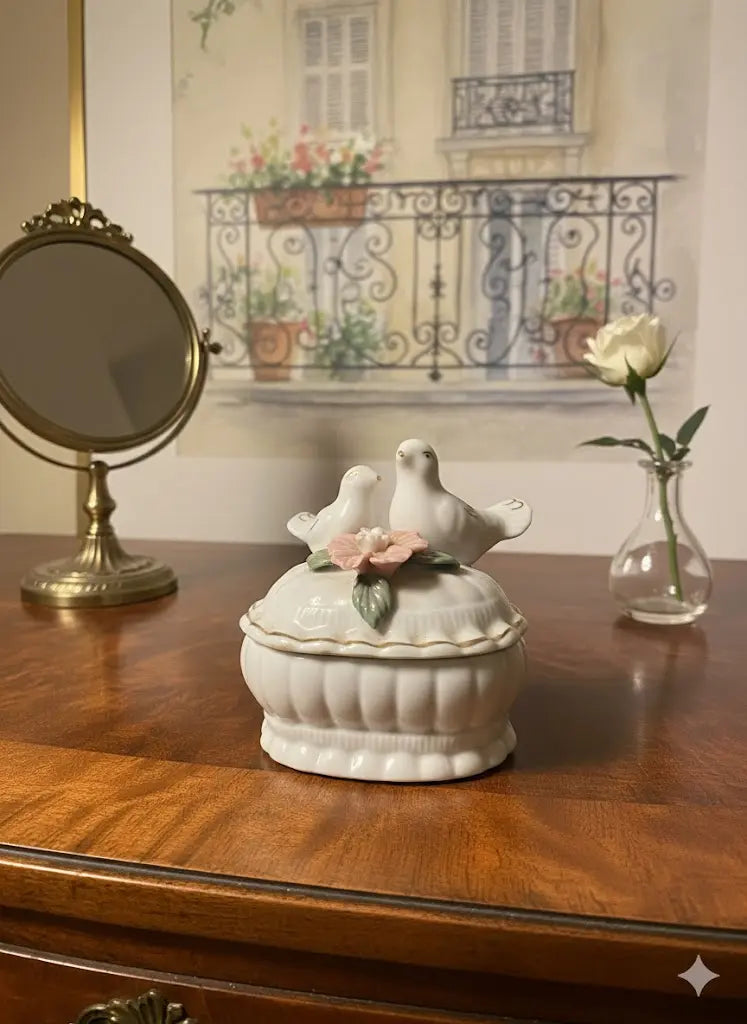 Boîte art déco en PORCELAINE, pilulier à décors de colombes, porcelaine blanche de France.-{{shop name}}