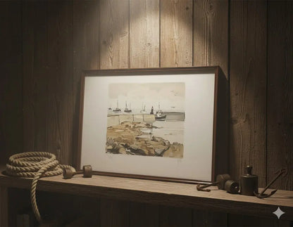 Lithographie marine signée Robert Yan 1982, numérotée, Bretagne, encadrée sous verre-{{shop name}}