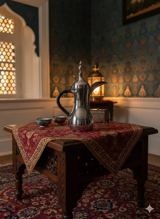 Grande cafetière Dallah Moyen-Orient – 30 cm, poignée cuir, estampillée, rare-{{shop name}}
