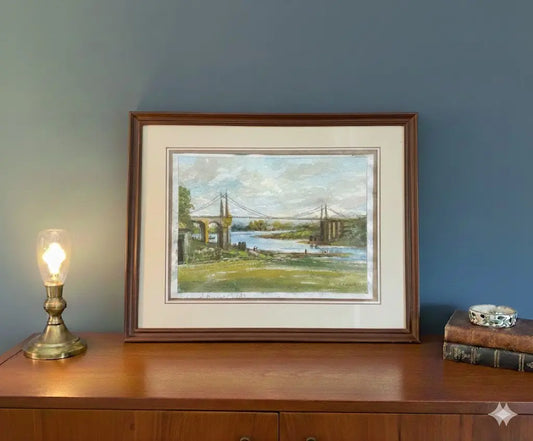 Aquarelle signée F. Cochard pêcheurs sous pont, moutons, encadrée bois sous verre 41x34-{{shop name}}