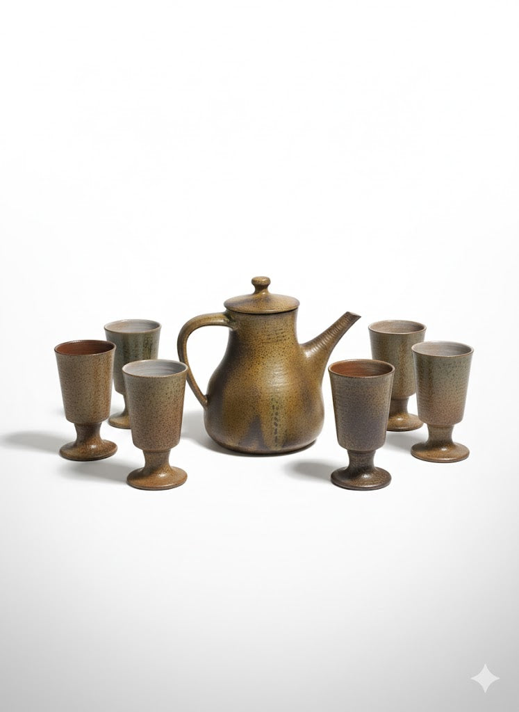 Service à café vintage en grès émaillé années 70, signé, 6 tasses uniques-{{shop name}}