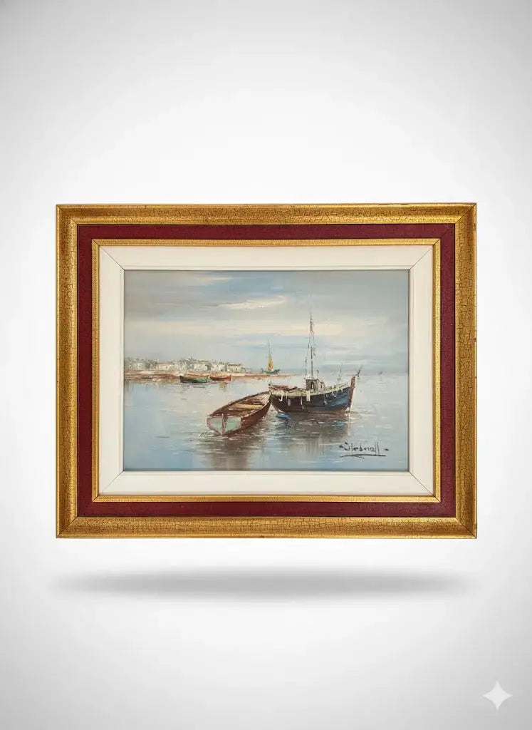 Huile sur toile, marine de Bretagne, tableau signé, sur le thème port et bateaux - Antiquités de France