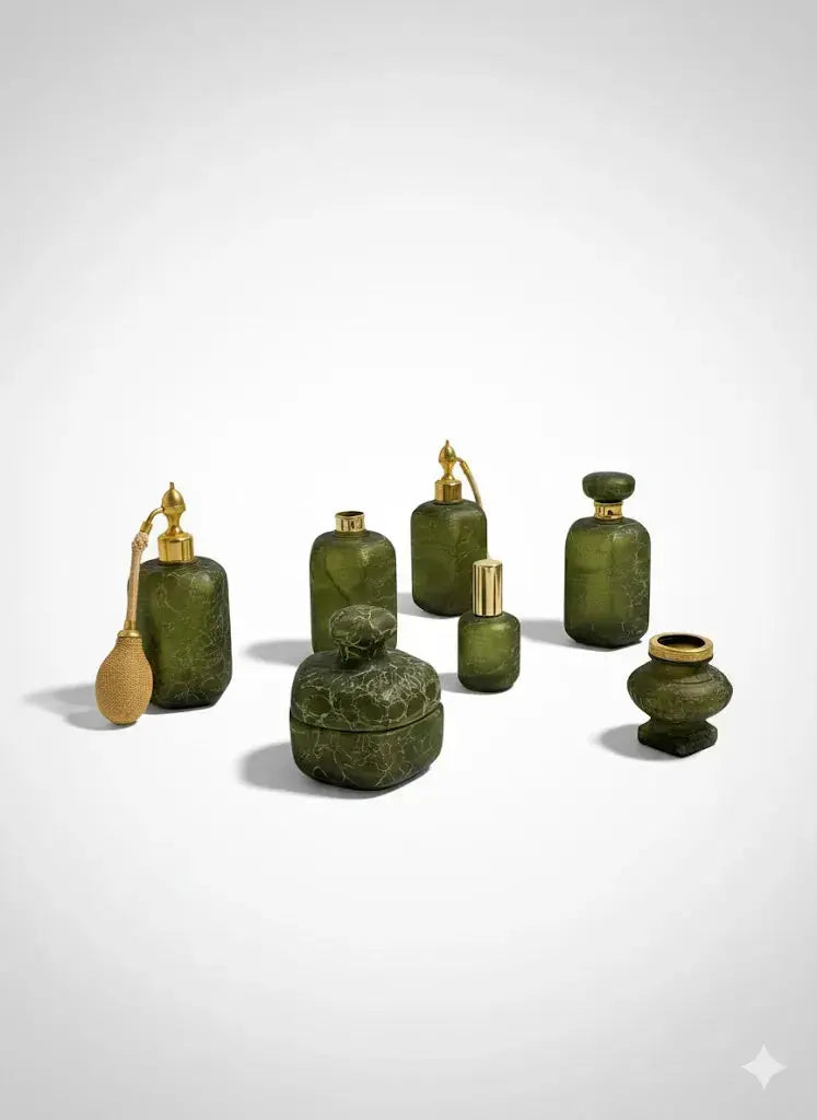Flacon ancien signé, Ensemble salle de bain, Marcel Franck, verre craquelé. 7 pièces. - Antiquités de France