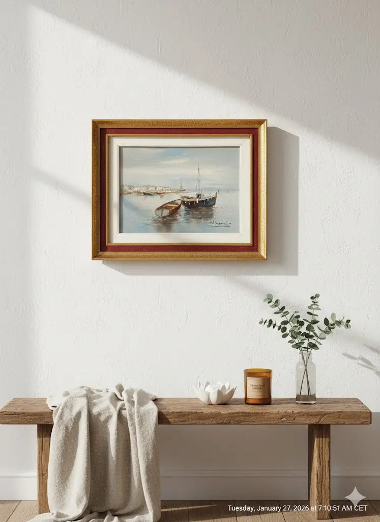 Huile sur toile, marine de Bretagne, tableau signé, sur le thème port et bateaux-{{shop name}}
