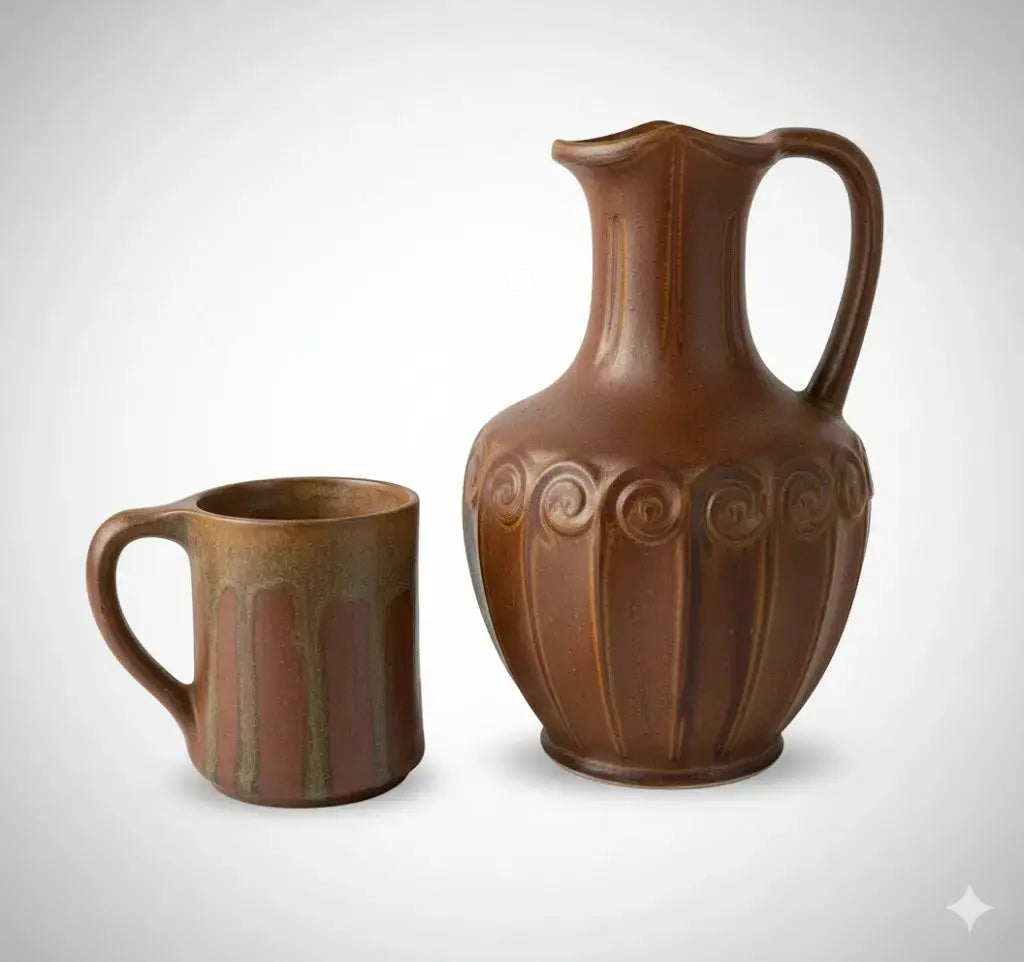 Denbac, carafe en céramique ancienne et mugs Art Nouveau, vers 1900, Décor de frises, 5 mugs - Antiquités de France