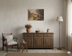 Tableau ancien signé, milieu XXème, huile sur toile, paysage d'une ferme.-{{shop name}}