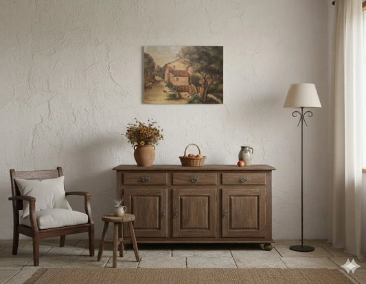Tableau ancien signé, milieu XXème, huile sur toile, paysage d'une ferme.-{{shop name}}