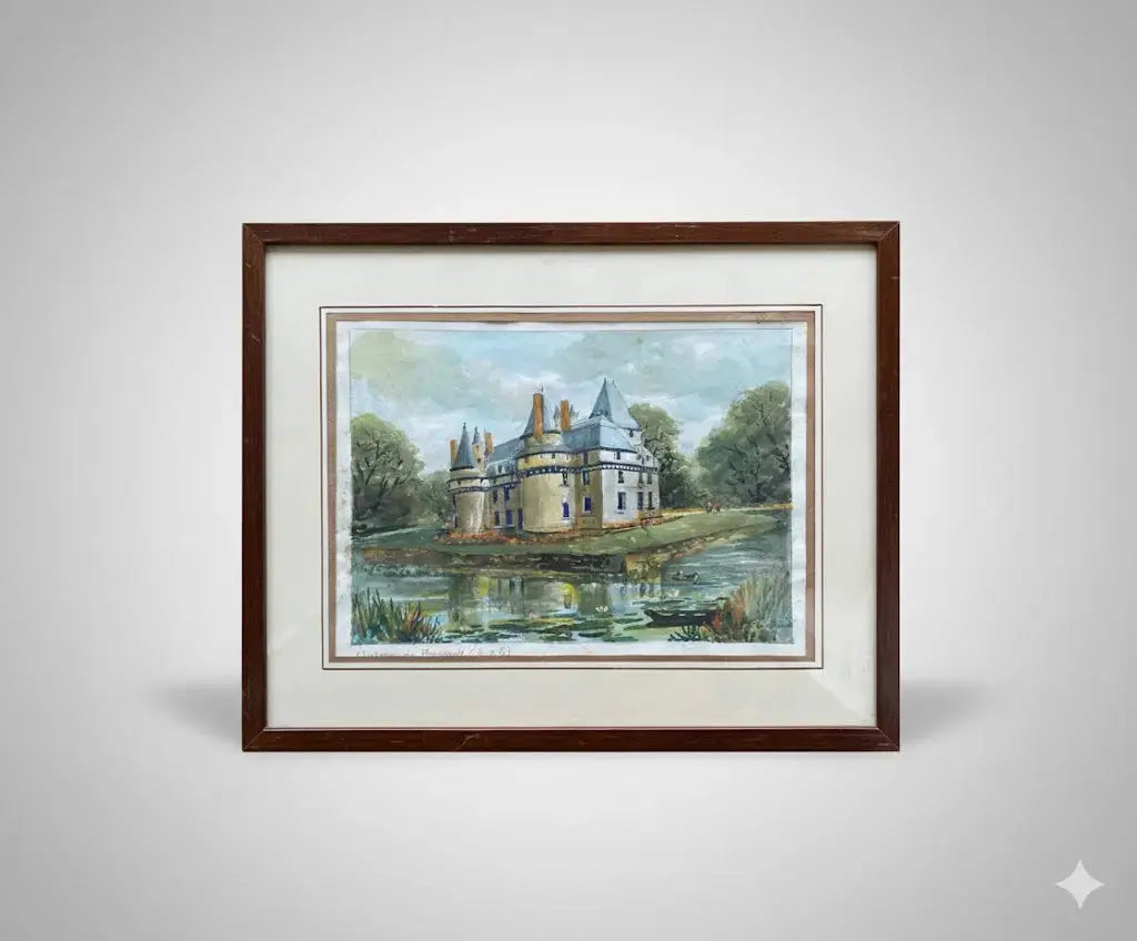 Aquarelle signée château de Boumois F. Cochard, Pays de Loire, encadrée sous verre-{{shop name}}