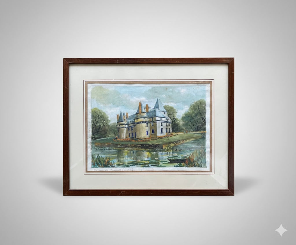 Aquarelle signée château de Boumois F. Cochard, Pays de Loire, encadrée sous verre-{{shop name}}
