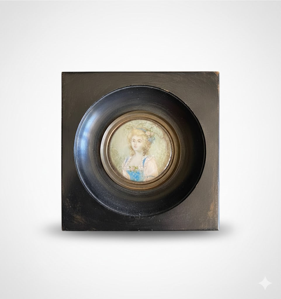 Miniature ancienne XIXème, Marquise de Breuil, cadre bois noirci et bronze. - Antiquités de France