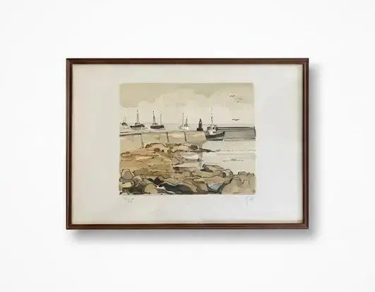 Lithographie marine signée Robert Yan 1982, numérotée, Bretagne, encadrée sous verre - Antiquités de France