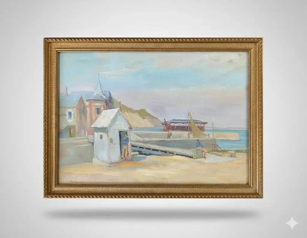 Tableau ancien signé André Dudouit, superbe aquarelle au décor de la Normandie, cabane de pêcheur. 1938-{{shop name}}