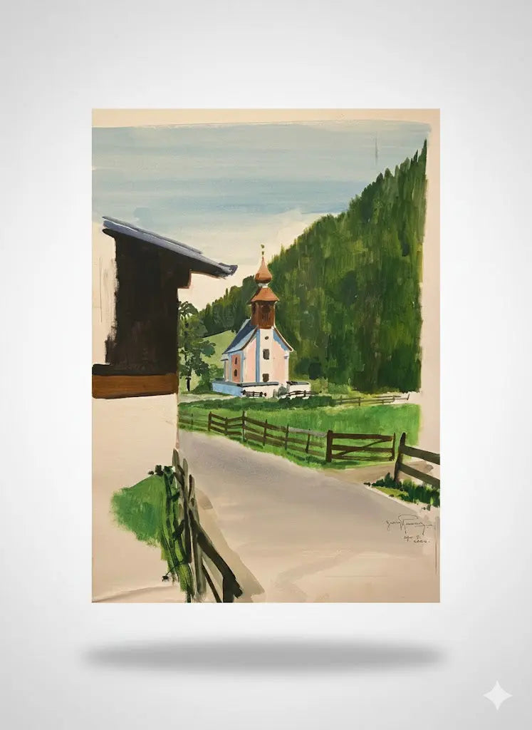 Ancienne aquarelle signée, XXème siècle, sur papier, paysage d'Autriche, 1981-{{shop name}}