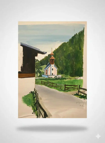 Ancienne aquarelle signée, XXème siècle, sur papier, paysage d'Autriche, 1981-{{shop name}}