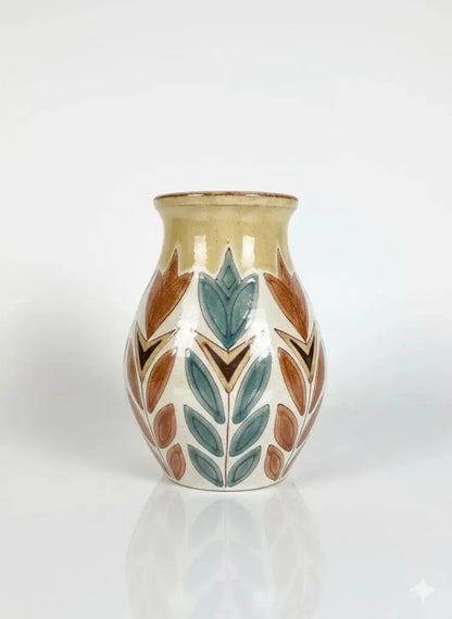 Vase ancien signé Malarmey, décors cloisonné de tulipes bleues et ocres. 1950-{{shop name}}