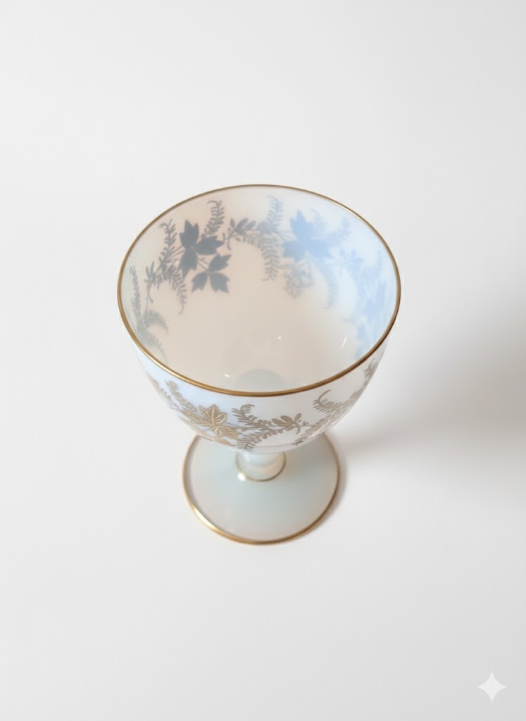 Verre à Vin Antique Sèvres – Verre Opalescent & Décor Floral Doré Art Déco – 14 cm - Antiquités de France