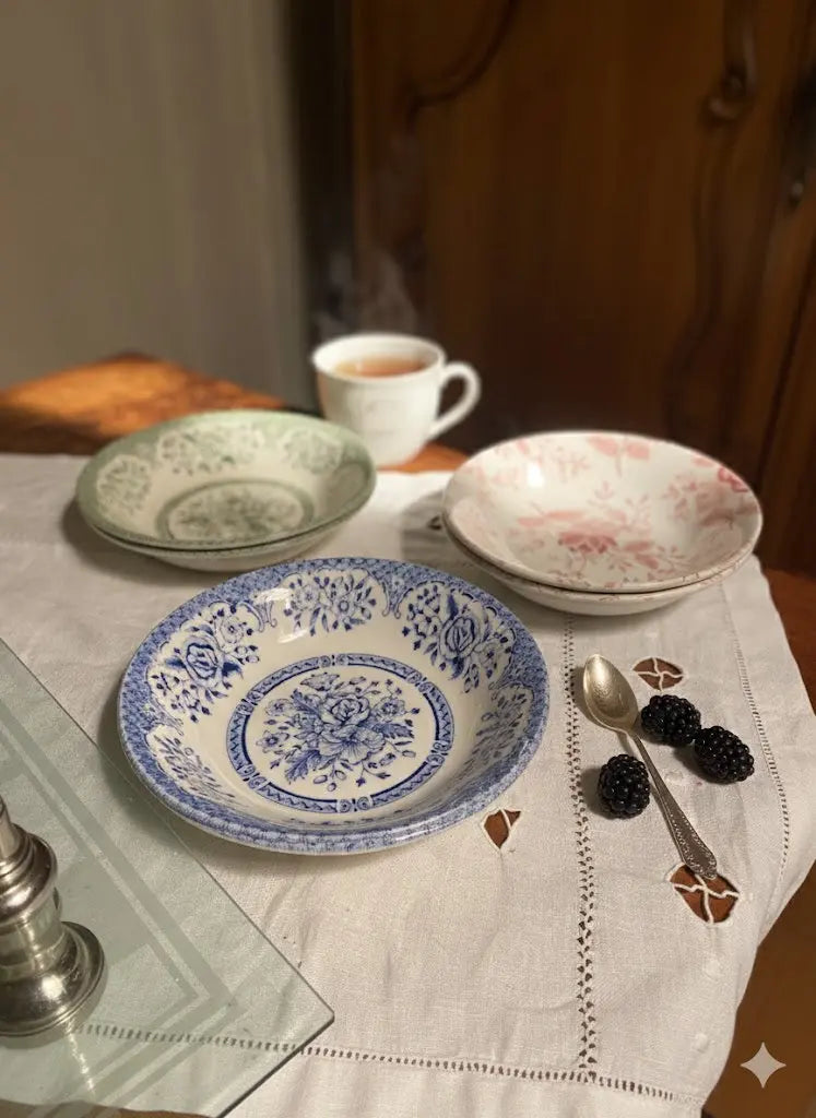 Lot 6 assiettes creuses Iron Stone – vaisselle anglaise XIXème, 3 couleurs-{{shop name}}
