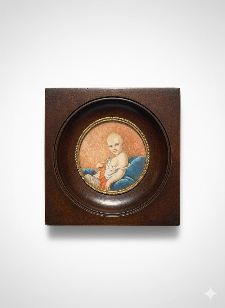Portrait miniature XIXème – Roi de Rome enfant, huile, signé, 7,5 cm, cadre bois - Antiquités de France