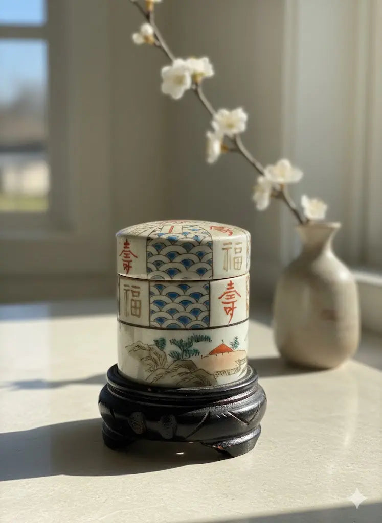 Ancienne boîte en porcelaine de Chine, forme tube, à couvert. Epoque XIXème.-{{shop name}}