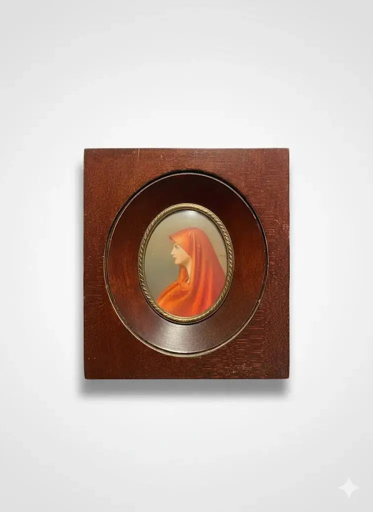 Portrait miniature XIXème – femme au voile rouge, huile, école française, signé - Antiquités de France