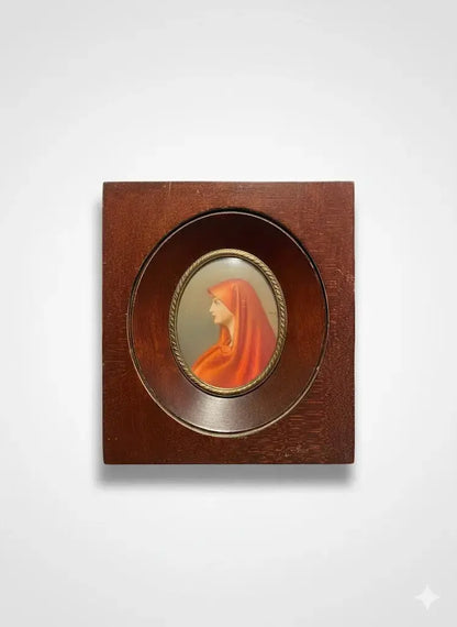 Portrait miniature XIXème – femme au voile rouge, huile, école française, signé - Antiquités de France
