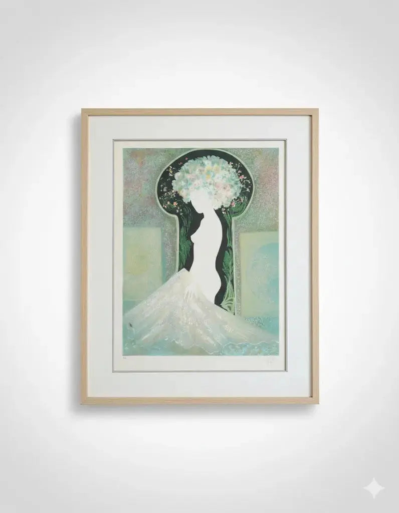 Lithographie signée Guy Ribes (1948-) - Coiffe aux fleurs, pièce unique, encadrée - Antiquités de France