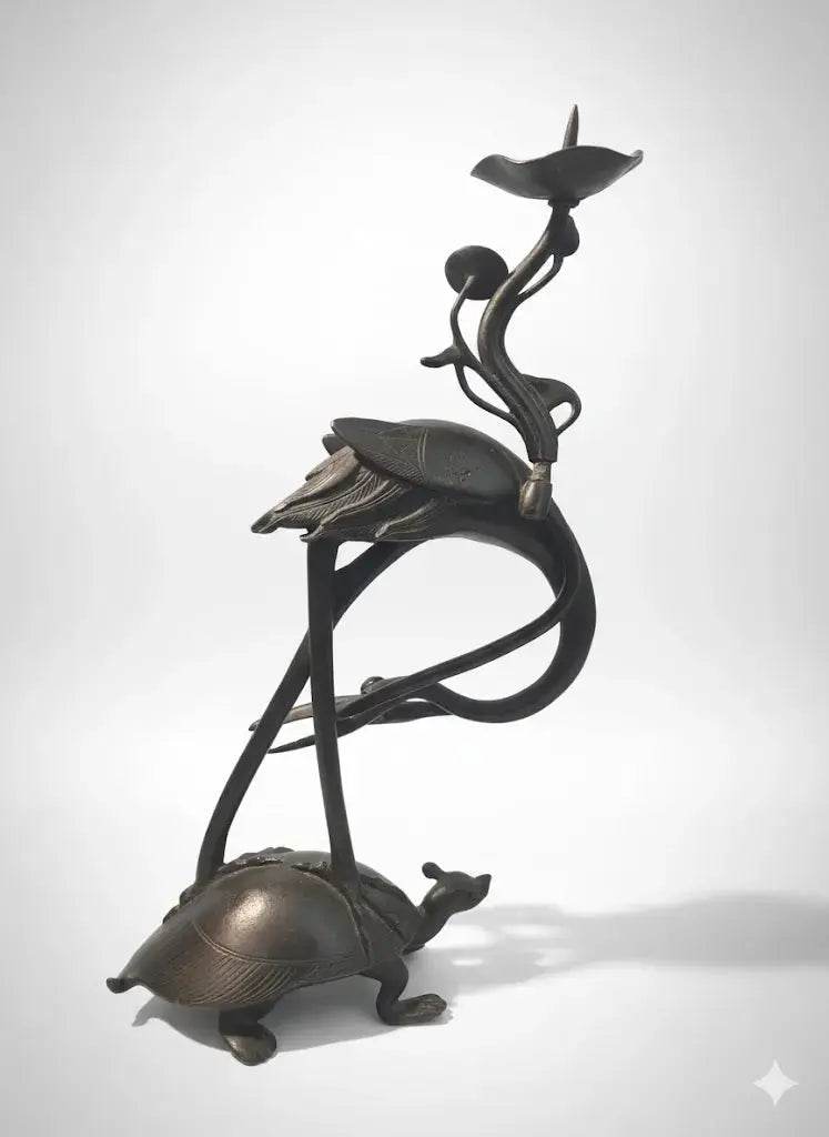 Bronze ancien XIXème, GRUE SUR TORTUE MINOGAME, Chine Japon XIXe - Antiquités de France