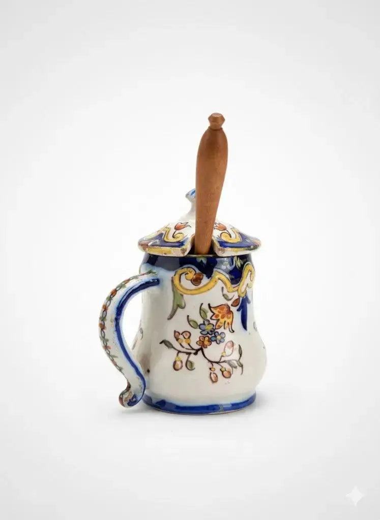 Ancienne céramique Bretonne, pot à moutarde, vernissée, atelier Batz, fin XIXème.-{{shop name}}