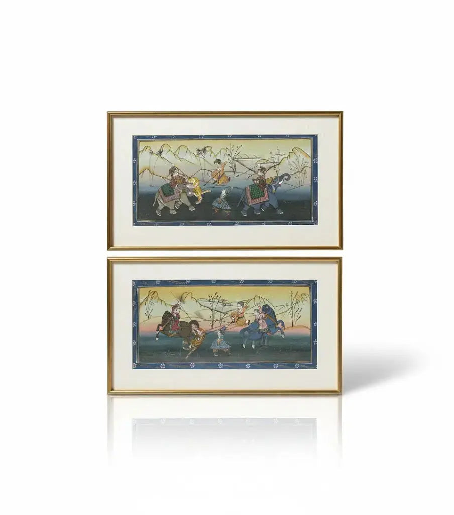 Deux gouaches persanes début XXème "Chasse au tigre" – encadrées-{{shop name}}