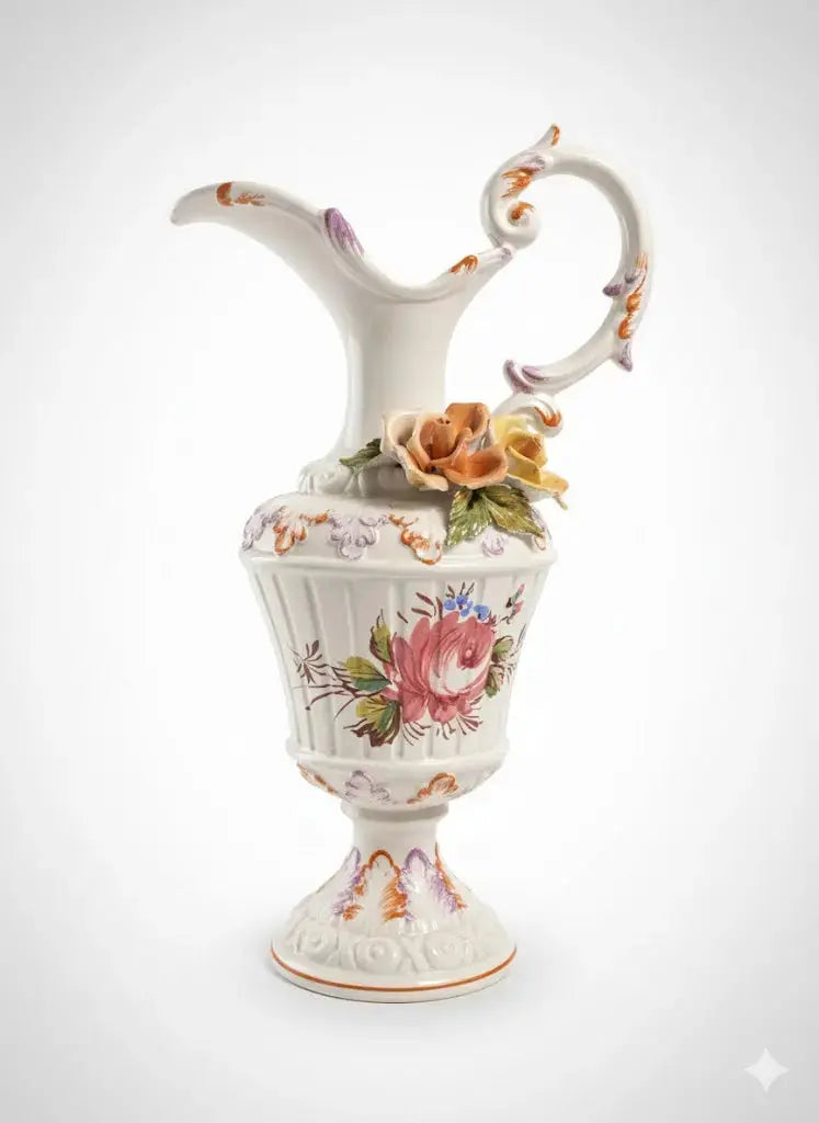 Faïence ancienne, aiguière en barbotine, XXème, au décors de roses appliquées. - Antiquités de France