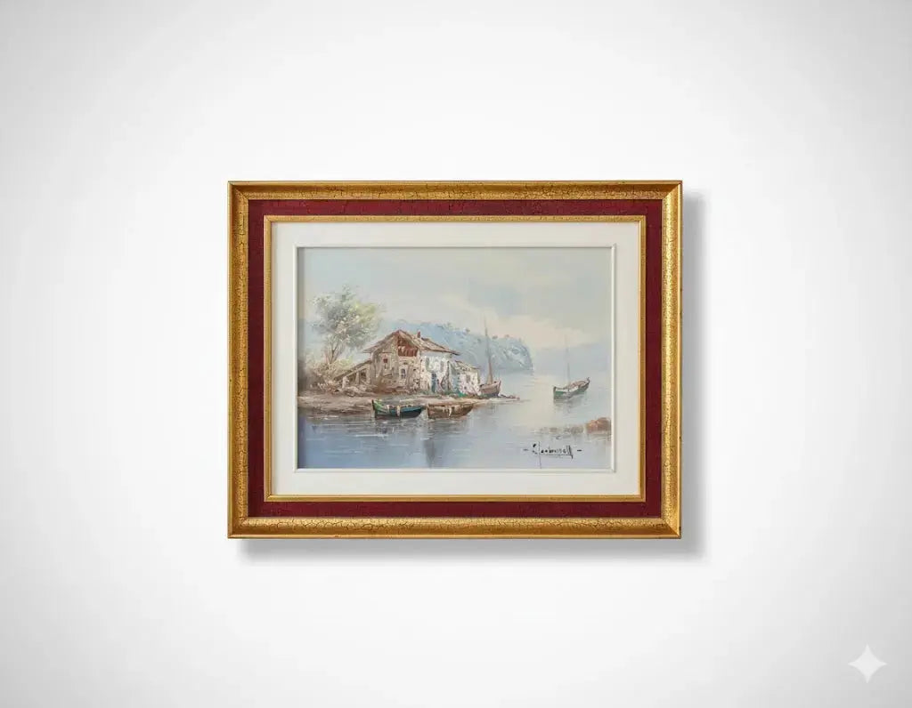 Huile sur toile marine, au décors d'un lac, tableau signé, thème de bateaux et d'une cabane - Antiquités de France